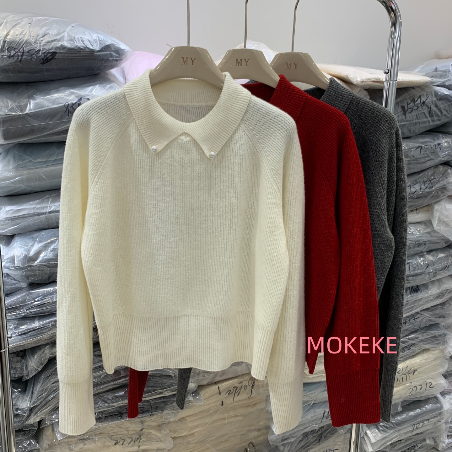 韩系新款翻领钉珠小香针织衫毛衣