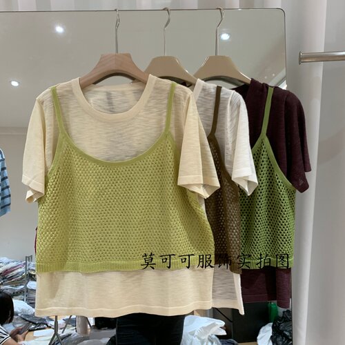 韩版假两件镂空针织衫女夏显瘦