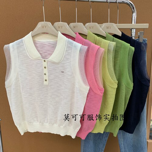 夏季学院风娃娃领网纱无袖针织衫