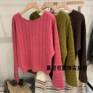 优雅风背后飘带设计镂空坑条针织衫女V领套头氛围感毛衣上衣5516