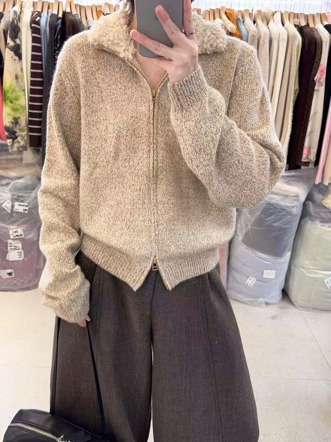 圈圈毛翻领拉链针织开衫女秋冬新款宽松显瘦百搭毛衣外套上衣8710