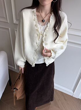 韩系温柔风V领木耳边灯笼袖针织开衫女宽松显瘦百搭毛衣外套上衣K