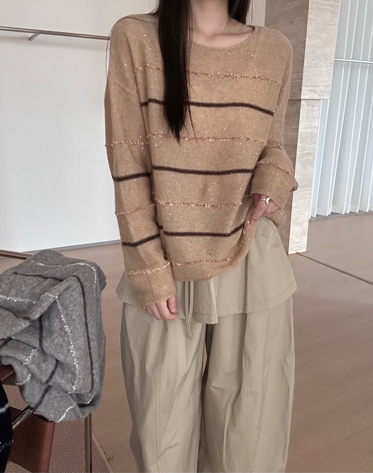 秋季新款圆领条纹拼色针织衫女套头宽松毛衣休闲百搭上衣M511
