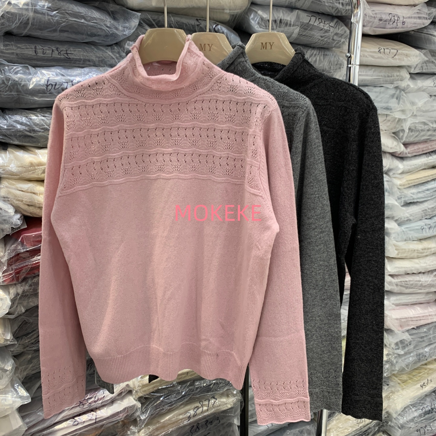 韩系新款高领勾花镂空羊毛针织衫