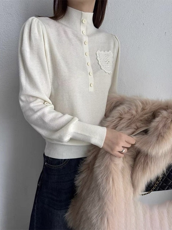 韩系新款半高领口袋钩花针织衫女软糯洋气百搭打底毛衣M66892