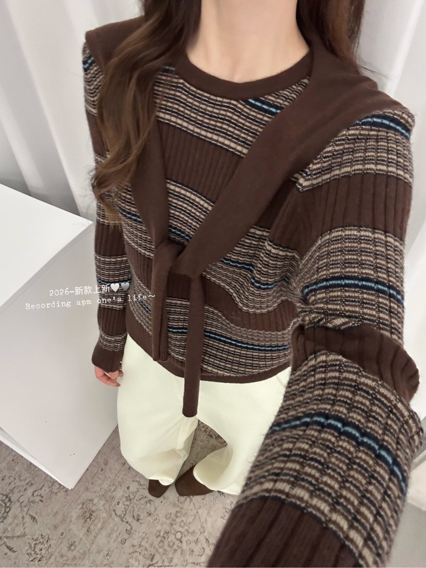 复古风撞色条纹圆领针织衫配披肩女长袖百搭通勤毛衣两件套上衣z