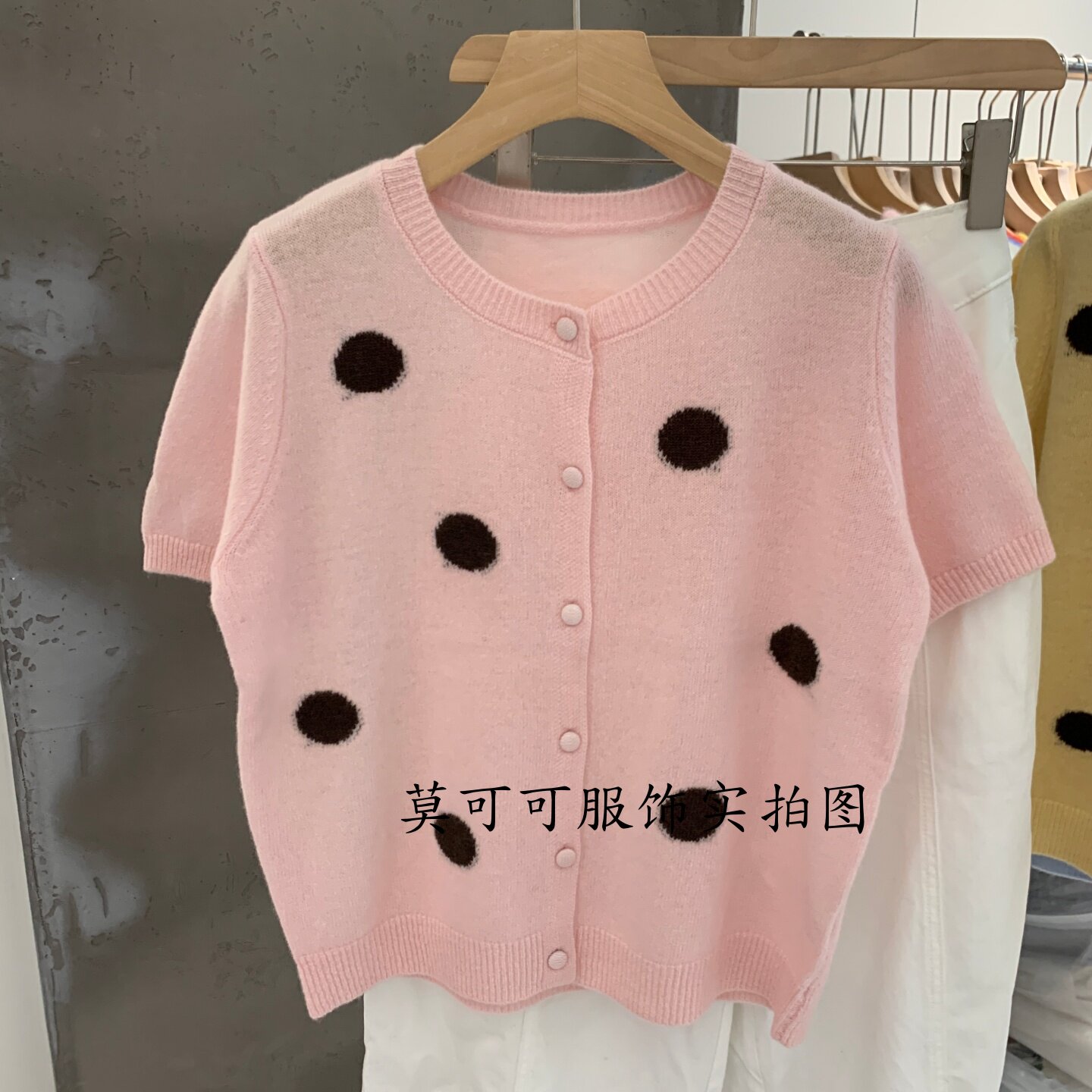 韩版波点短袖针织开衫女单排扣