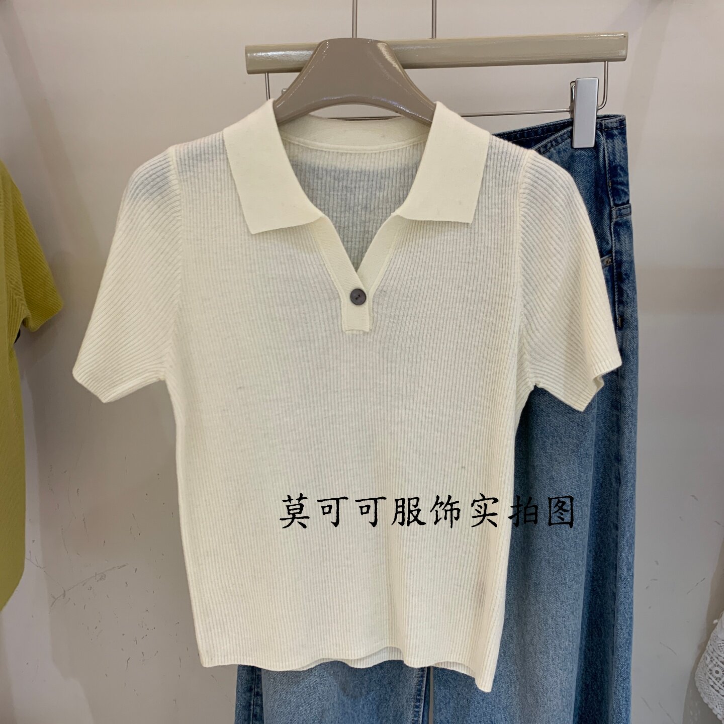 法式翻领一粒扣短袖修身女针织衫