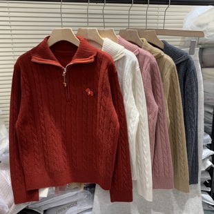 女软糯洋气百搭毛衣3383 半拉链小马标高领麻花针织衫 2025冬季 新款
