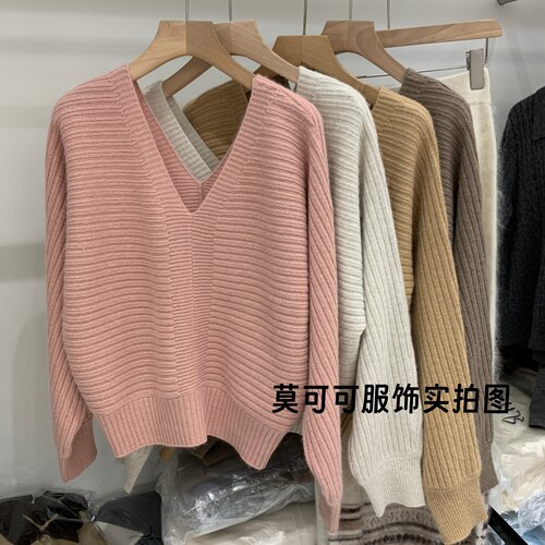 ins风韩系V领蝙蝠袖针织衫女