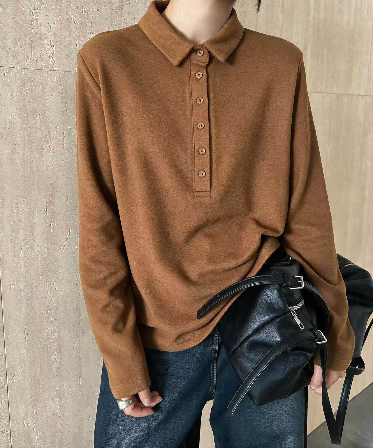韩系衬衣领半扣德绒长袖女秋冬新款软糯打底衫上衣T恤A827