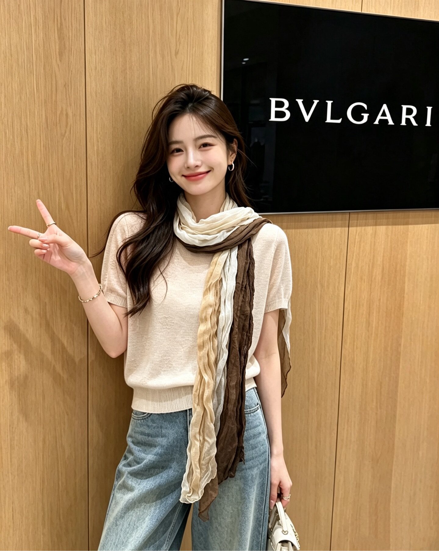 早秋新款圆领短袖针织衫女配围巾宽松显瘦洋气百搭上衣Z1185