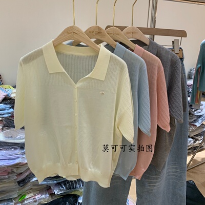 韩式翻领短袖镂空显瘦针织衫女