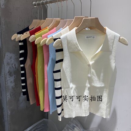 韩系气质polo翻领无袖针织背心女单排扣外穿开衫上衣T恤打底衫