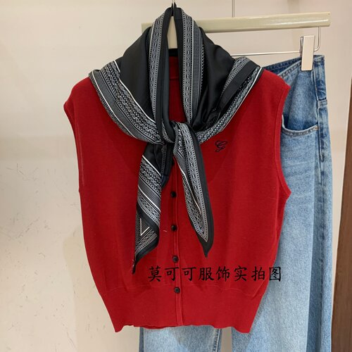 韩系V领丝巾无袖针织马甲女红