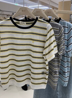 26春夏新款撞色条纹圆领针织衫短袖女软糯洋气显瘦百搭上衣M8662