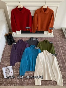 韩系新款 女软糯洋气百搭套头毛衣6068 无缝一体羊毛翻领纽扣针织衫