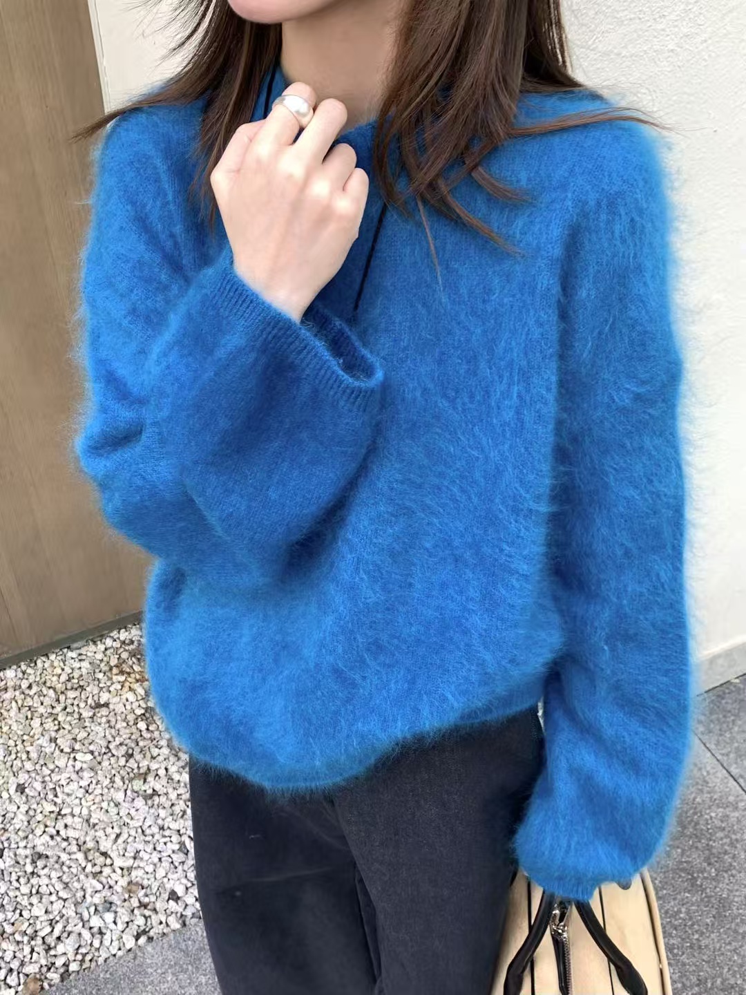 韩系新款圆领全毛拉毛针织衫女简约时尚洋气百搭套头毛衣79001