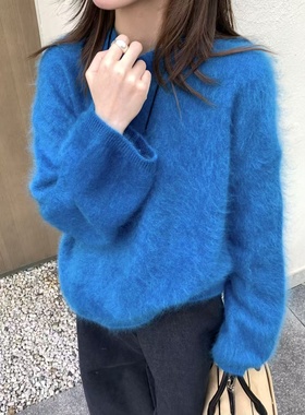 韩系新款圆领全毛拉毛针织衫女简约时尚洋气百搭套头毛衣79001