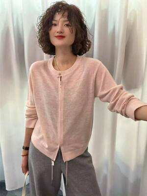 26春季新款圆领双拉链针织开衫女软糯洋气百搭慵懒风毛衣8630