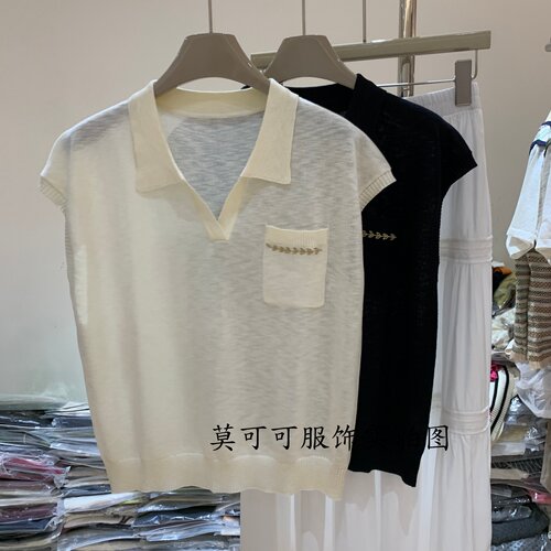 韩系简约刺绣翻领无袖针织衫女夏季新款显瘦百搭薄款上衣Z
