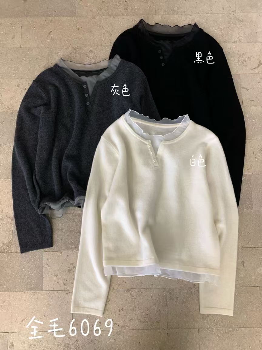 韩系新款圆领全毛假两件花边针织衫女简约时尚洋气百搭毛衣6069