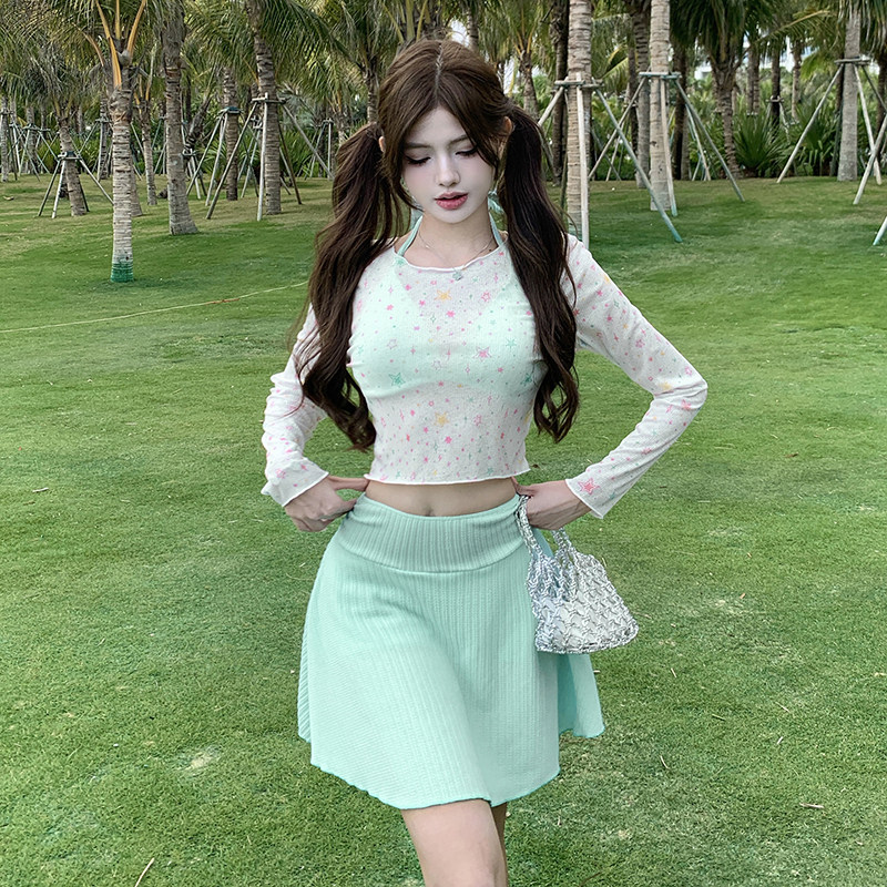 甜美碎花遮肚包臀短裙三件套女