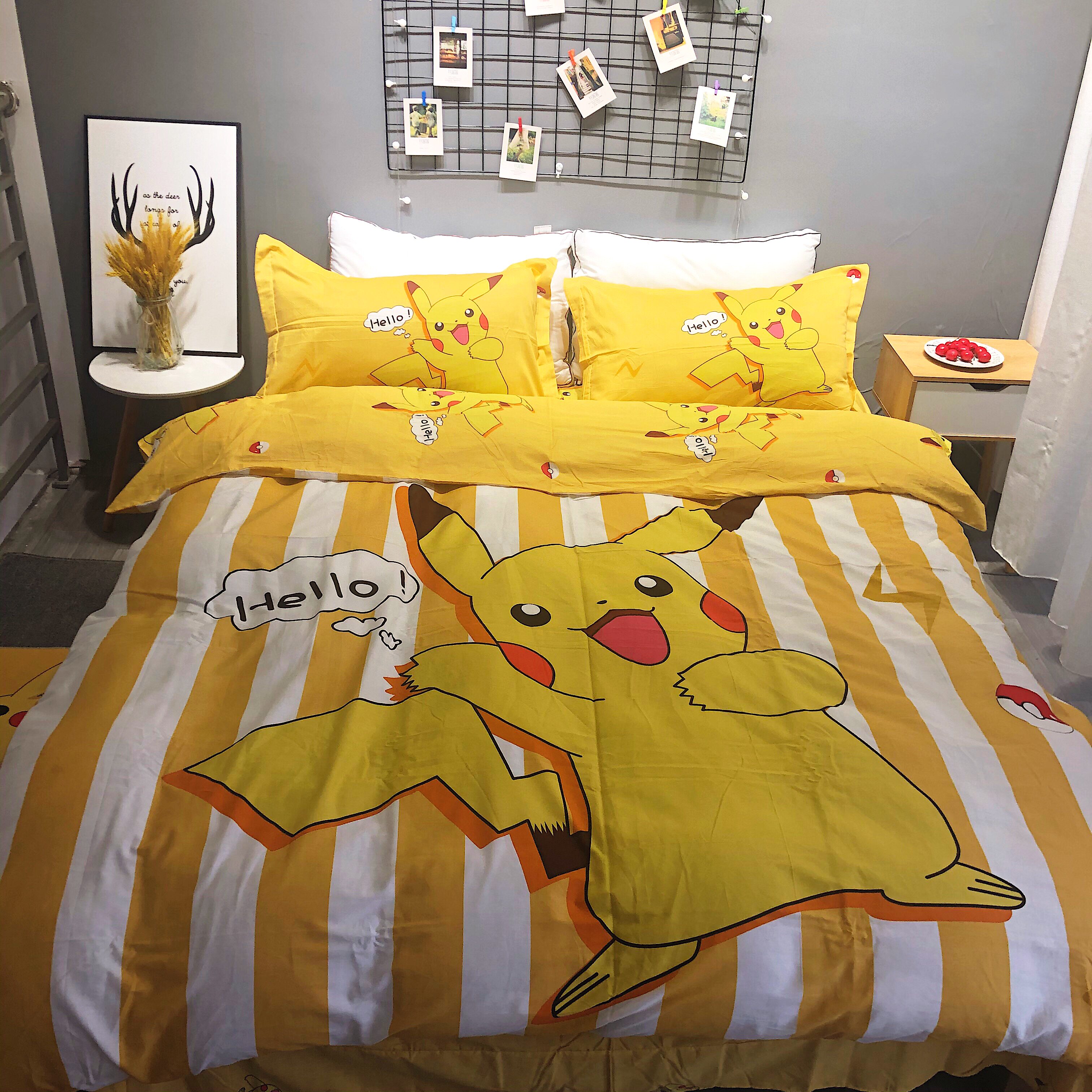 全棉卡通皮卡丘纯棉四件套学生宿舍三件套全棉床上用品被套1.8m床