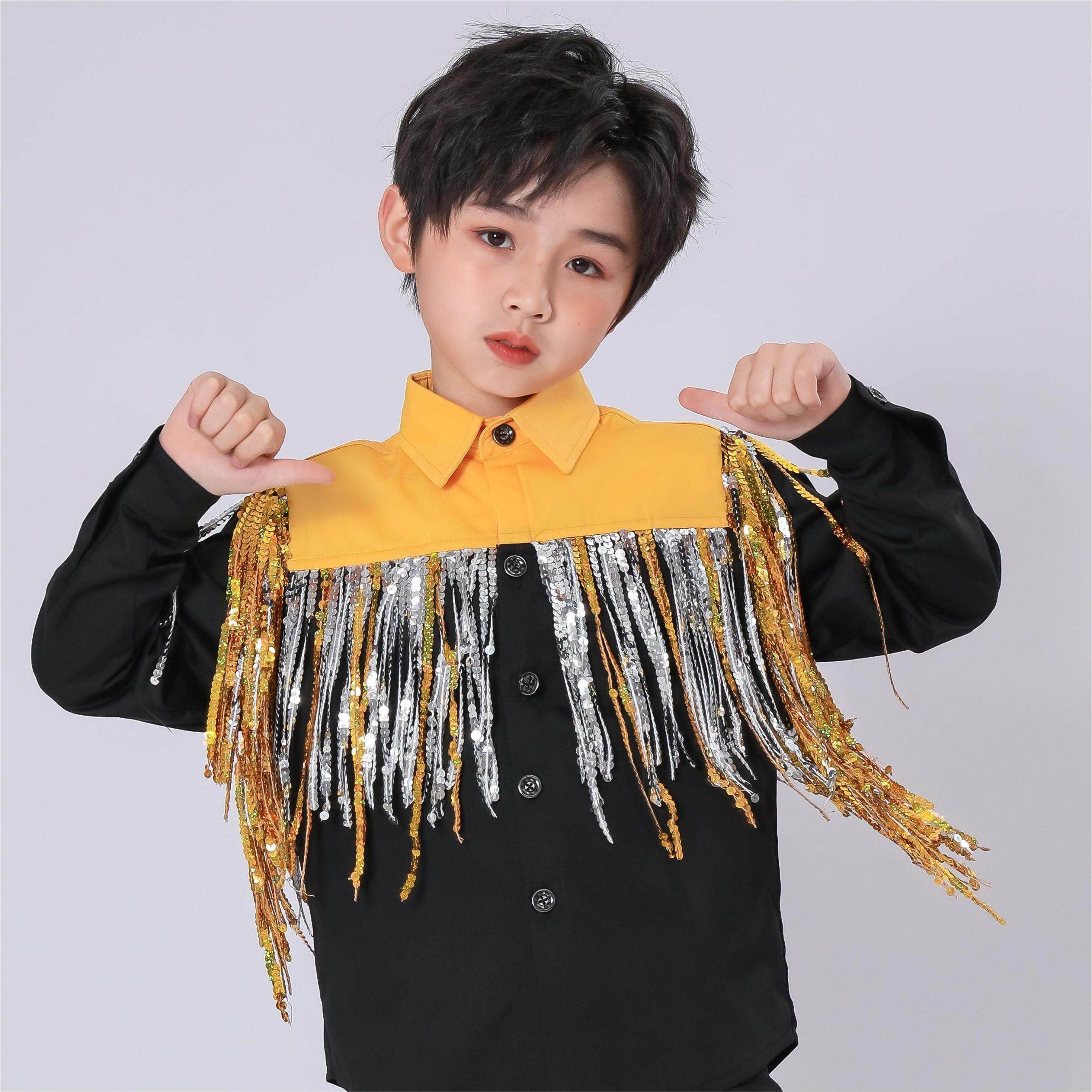 六一儿童合唱演出服 男童架子鼓 爵士舞 靓丽走秀 金流苏黑衬衫