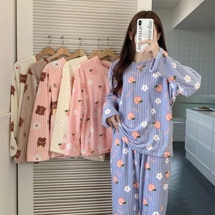 珊瑚绒睡衣女加绒加厚宽松圆领保暖家居服休闲暖暖套装可外穿小熊
