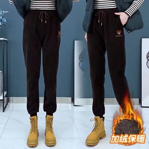 加绒加厚裤子女冬季爆款大码宽松束脚运动休闲裤卫裤小熊保暖棉裤