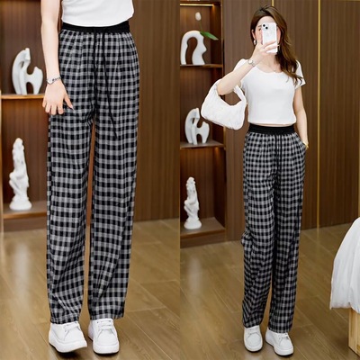 冰丝阔腿裤女2025夏季新款格子印花凉凉裤休闲长裤防蚊防晒抖抖裤