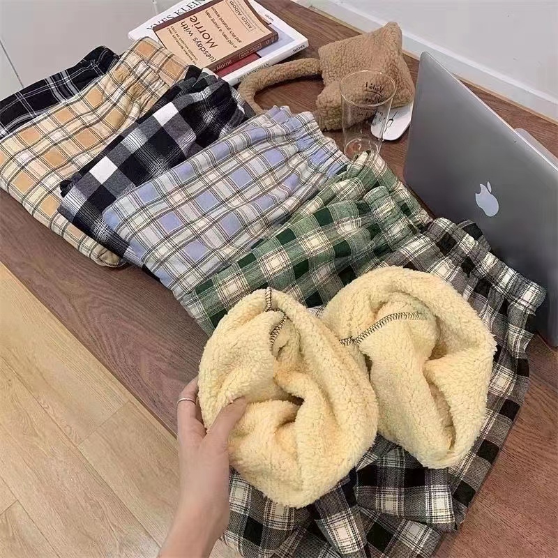 加绒加厚直筒裤羊羔绒格子裤