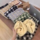 冬季 2024新款 羊羔绒格子裤 加绒加厚直筒裤 女高腰保暖休闲阔腿长裤