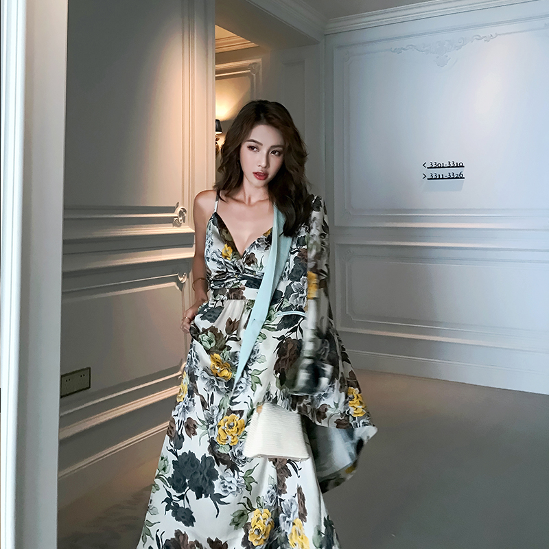 2021春秋新款法式优雅印花大牌吊带连衣裙 印花薄款西装时尚套装