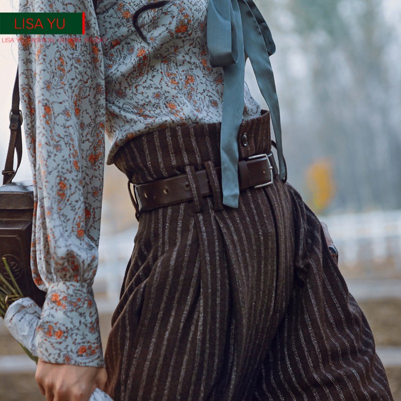 高腰lisayu毛呢条纹九分裤