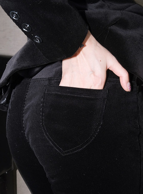 丽莎余灯芯条紧身黑色弹力西装外套丝绒套装两件套