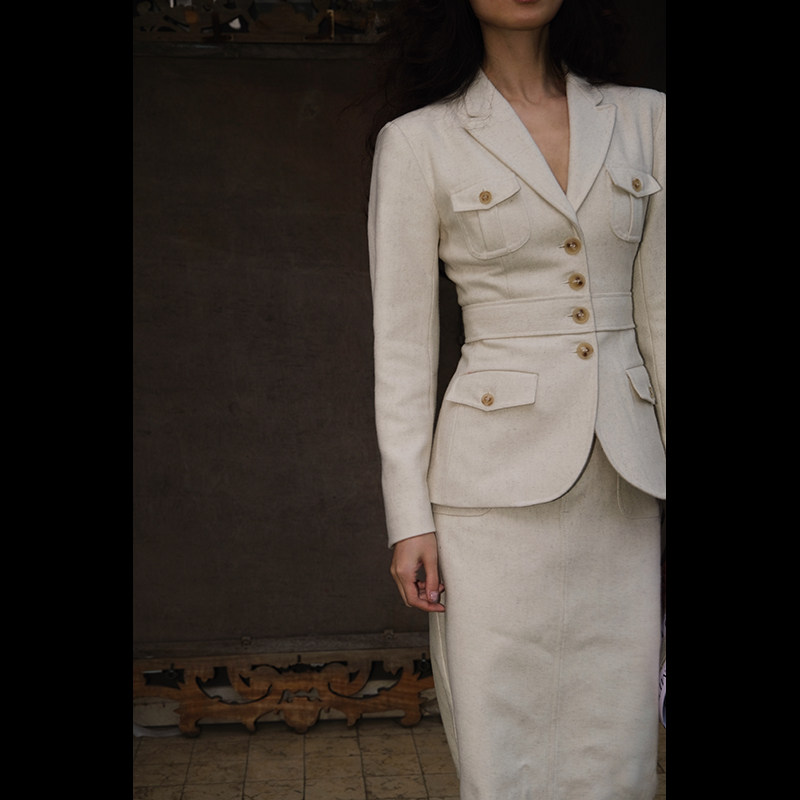 复古白色花呢西装套裙老钱风职业装英伦羊毛呢半身裙两件套