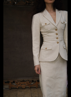 复古白色花呢西装套裙老钱风职业装英伦羊毛呢半身裙两件套