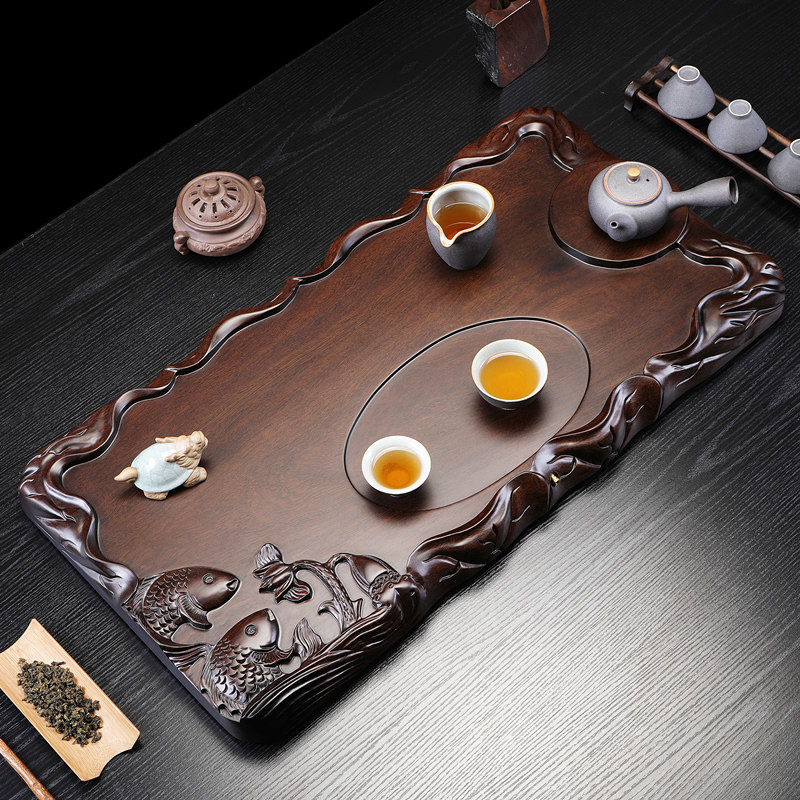 精雕功夫茶具整块黑檀木茶盘实木原木家用茶台 大号红木茶海 排水