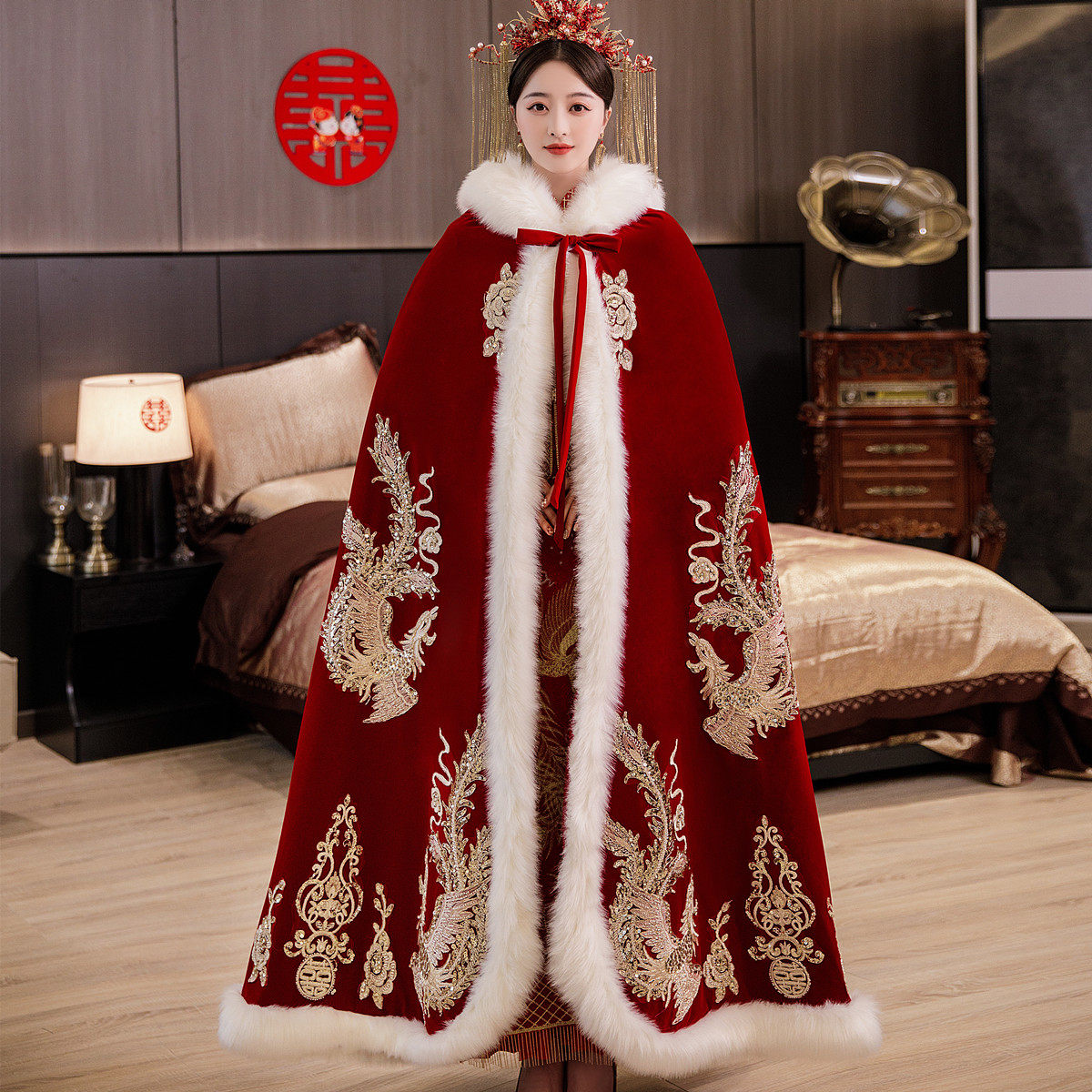 汉服秀禾古风古装女披风秋冬款中国风加厚新娘斗篷加绒红色长款