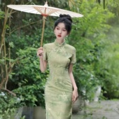 日常素雅年轻款 中长裙复古修身 日常 风绿色改良旗袍女短袖 新中式