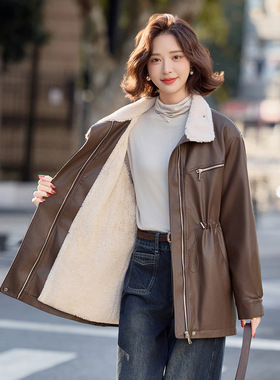 皮毛一体外套女冬季中长版2025新款韩版加绒加厚女式皮衣YG83011