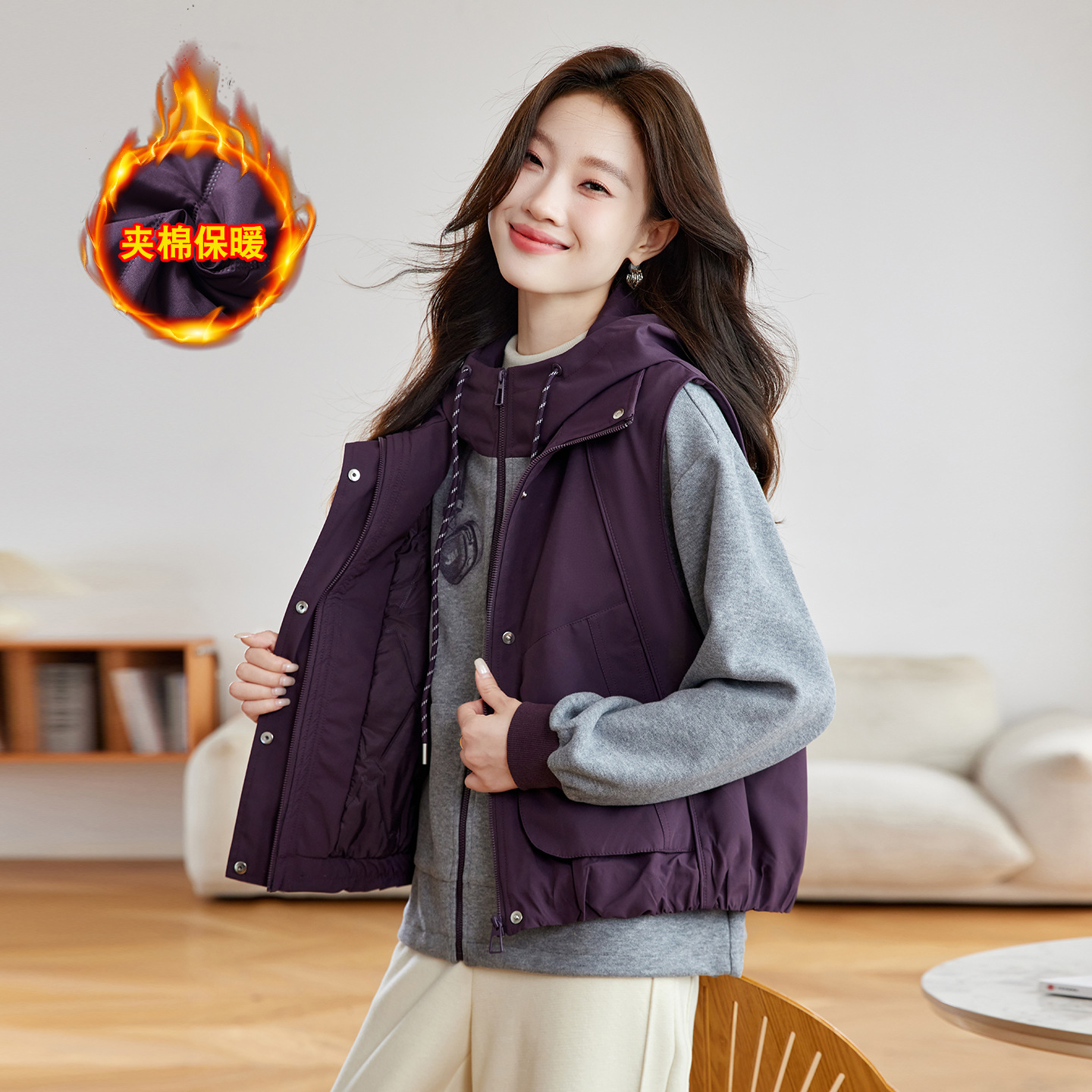 2025秋冬新款简约卫衣休闲连帽马甲宽松百搭时尚两件套外套MZ8665