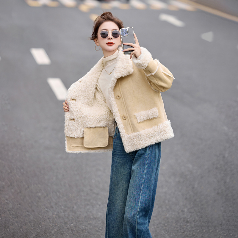 皮毛一体外套女新款小个子2025冬季毛毛短款加厚机车上衣WN1070