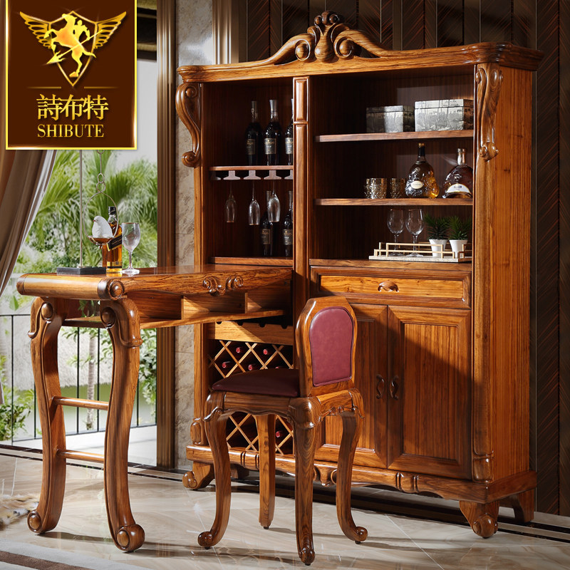 诗布特奢华欧式别墅吧台进口乌金木实木雕花酒柜吧台储物柜一体