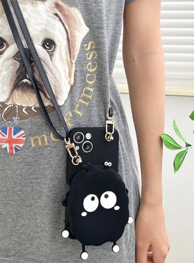 黑色煤球零钱包适用opporeno9手机壳reno10/8/7pro保护套reno6斜挎5k背带findx6卡通可爱A97全包女A57/A1挂脖