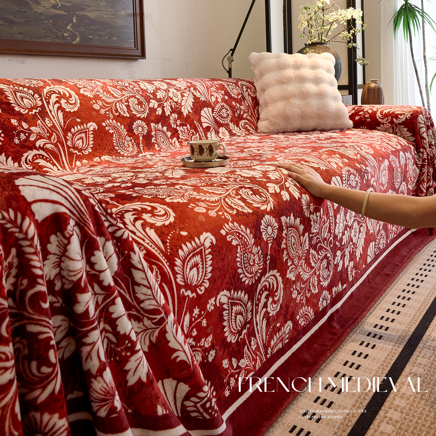 中式喜庆红色毛绒沙发盖布2025新款冬季防滑一整张全盖沙发巾套罩,居家布艺,沙发套,淘宝优惠券,粉丝福利购,淘宝优惠卷