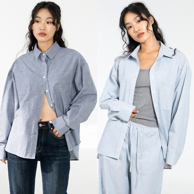 长袖棉麻衬衫条纹单排扣