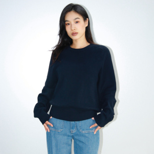 Ravehouse圆领简约百搭显瘦显背薄马鞍肩棉长袖毛衣上衣藏青色女